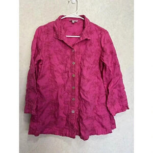 JOHN MARK Women 100% Linen Pink Embroidered Floral Button Down Shirt Top Small